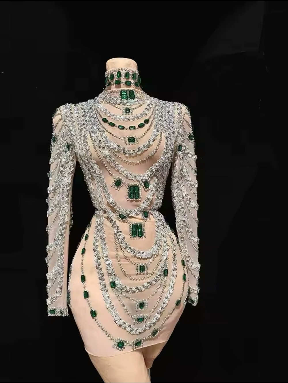 Embellished Nude Dress with Silver Sequins & Emerald Jewels